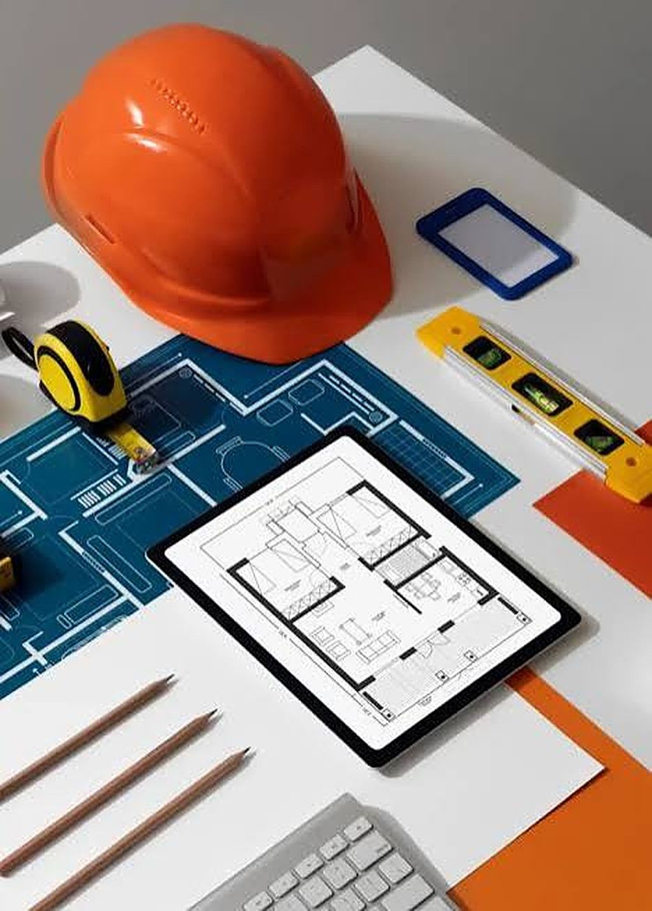 Casco de obra, planos, flexómetro, nivel y una tableta con el plano de una planta sobre una mesa de proyecto