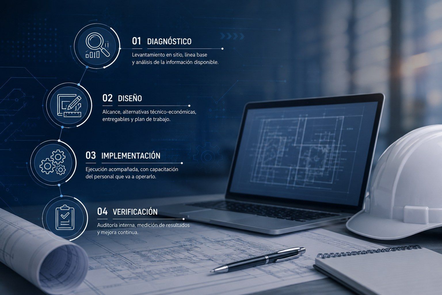 Esquema de las cuatro etapas del método de trabajo —diagnóstico, diseño, implementación y verificación— sobre una mesa con planos y un portátil